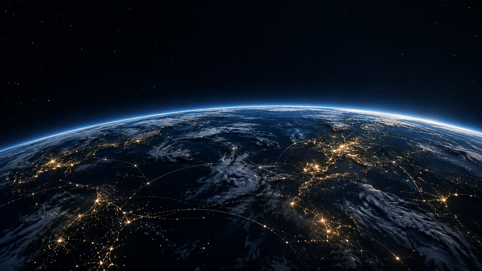 A planetary horizon with delicate gold and white points of light against deep space